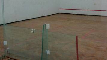 A squash court with glass doors, wooden flooring, and a red line marking the playing area.