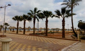 A beachside promenade with palm trees, checkered pavement, and thatched umbrellas.