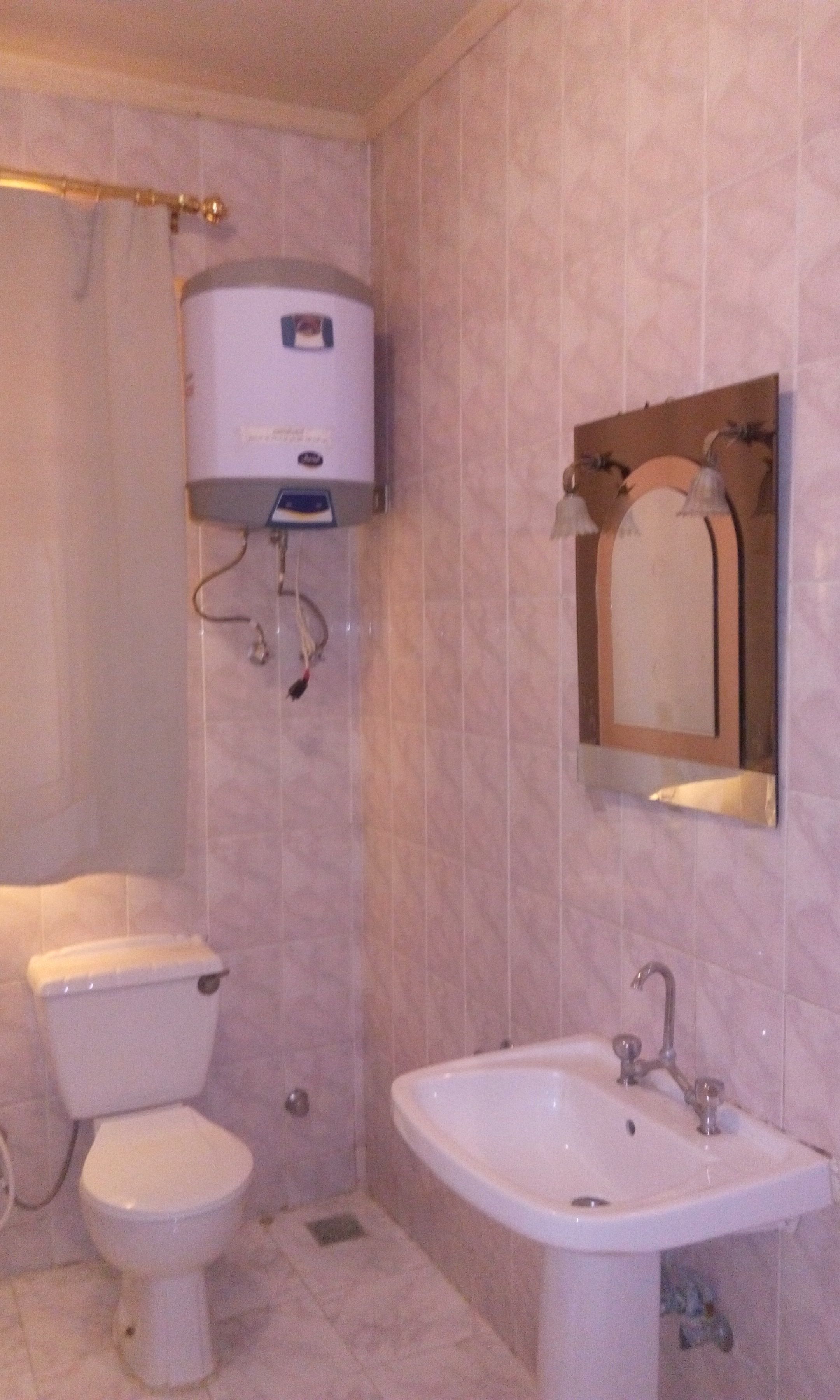 A bathroom with a toilet, a sink, and a wall-mounted mirror.