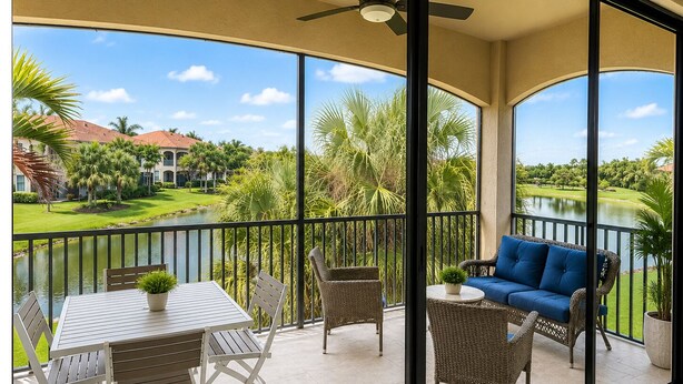 A balcony with a table, chairs, a sofa, and a view of a lake and greenery.