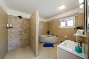 Douche, baignoire à remous, séchoir à cheveux, serviettes fournies