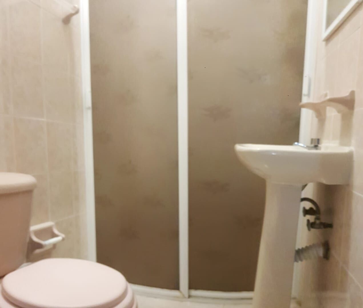 Une salle de bain comprenant des toilettes, un lavabo et un espace douche.