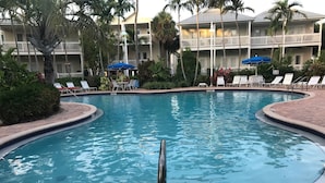 A swimming pool with lounge chairs and umbrellas, surrounded by palm trees and a multi-story building with balconies.