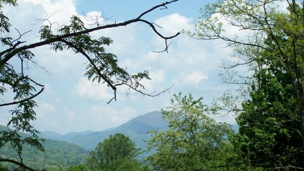 Vista de uma paisagem montanhosa com vegetação verde densa e uma casa visível ao primeiro plano.