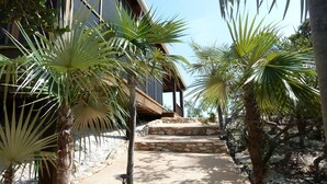 Un camino que lleva a un edificio con escalones de piedra y palmeras.