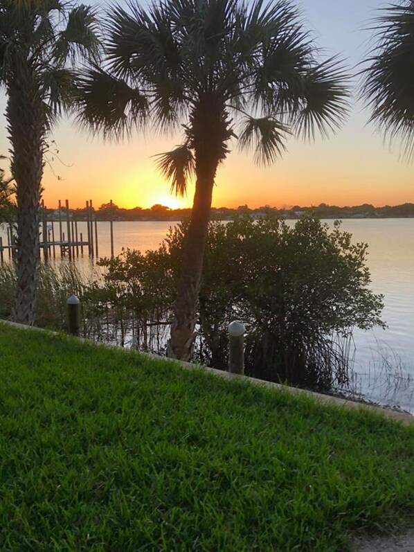 A sunset view over a calm lake with palm trees and a grassy area in the foreground.