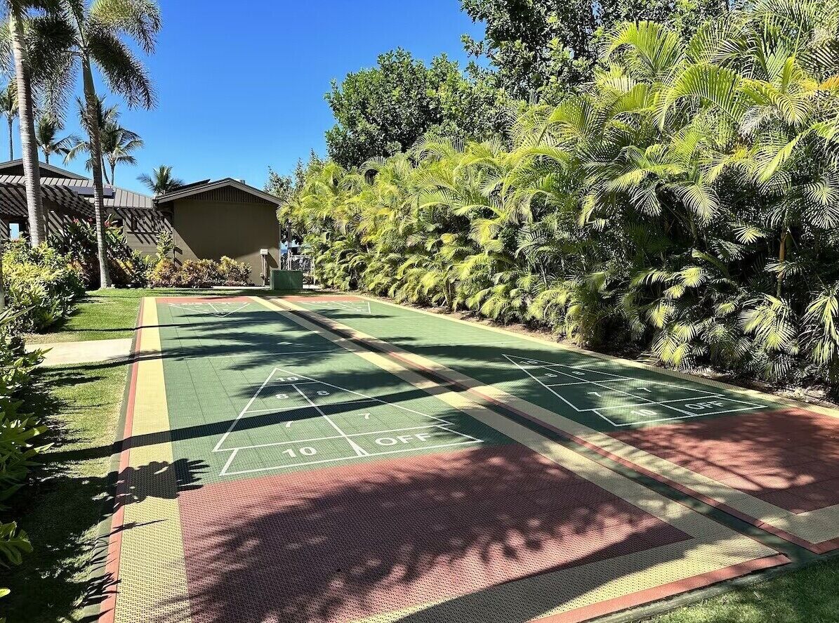 Una cancha de shuffleboard rodeada de abundante follaje y un pequeño edificio.
