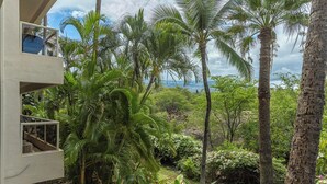 A modern building with a balcony overlooking a lush garden with tall palm trees and dense foliage.
