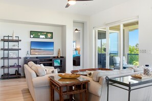 Smart-TV, DVD-spiller, bøker og stereoanlegg