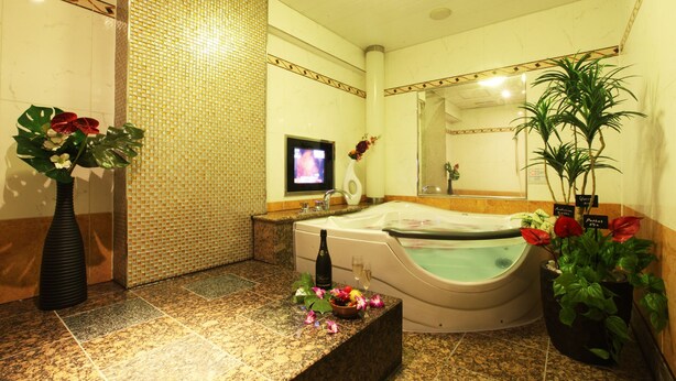 A bathroom with a large bathtub, a sink, a mirror, and a television. There are plants and flowers on the counter.