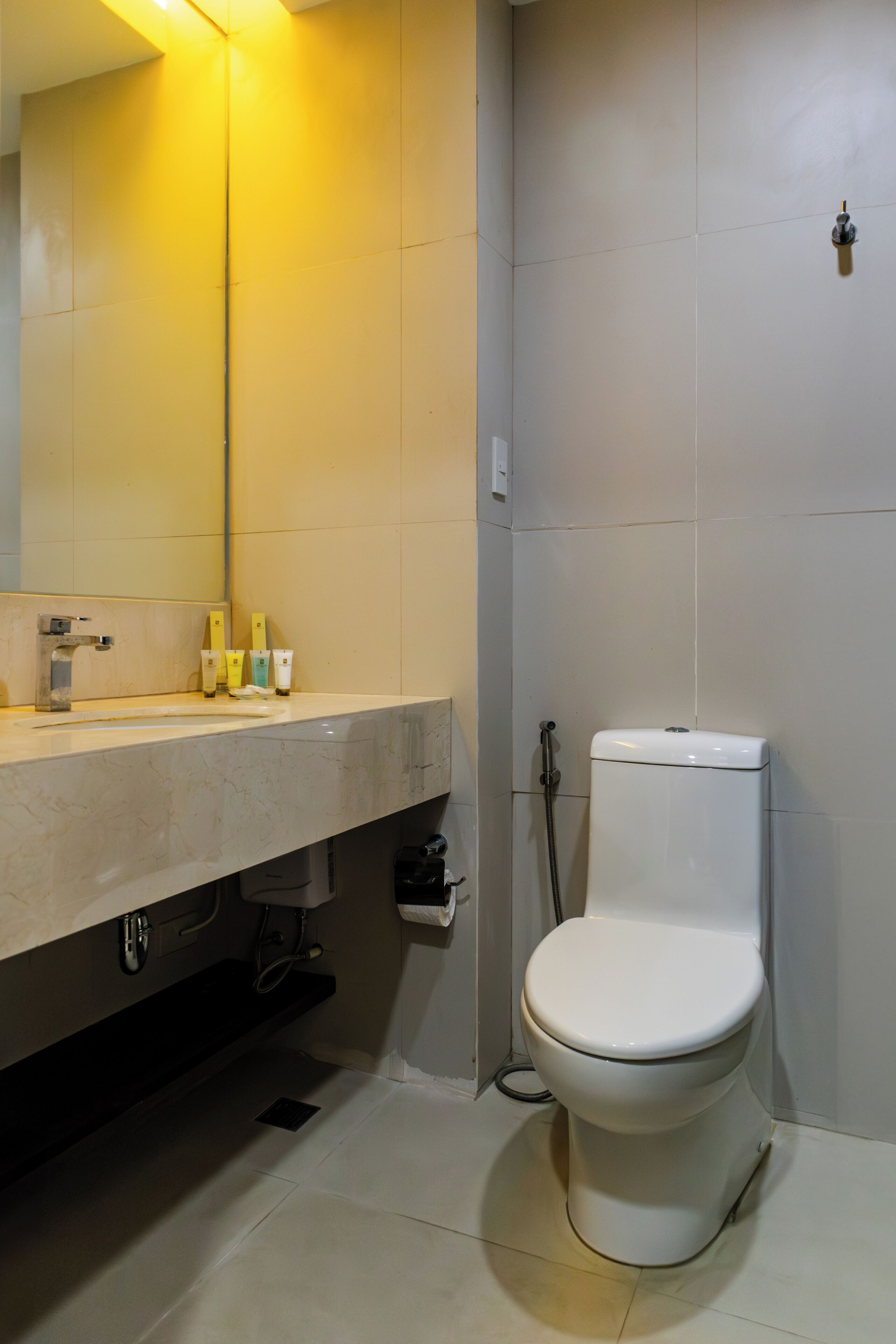 Un baño con inodoro blanco, lavamanos con espejo y zona de ducha.