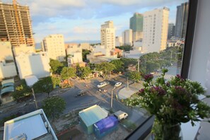 Une vue urbaine avec des bâtiments, des rues et une plante dans une fenêtre.