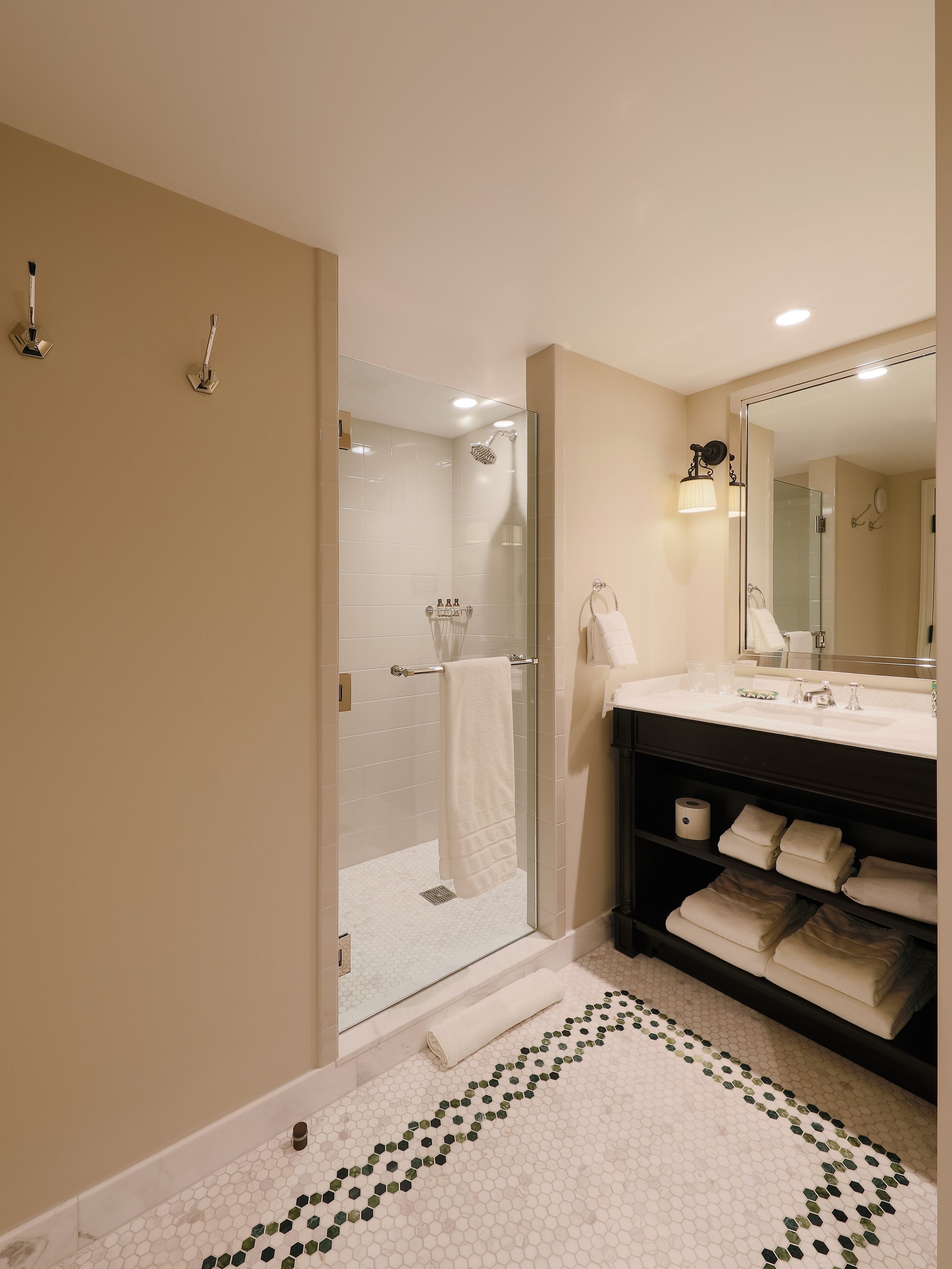 shower, designer toiletries, hair dryer, bathrobes