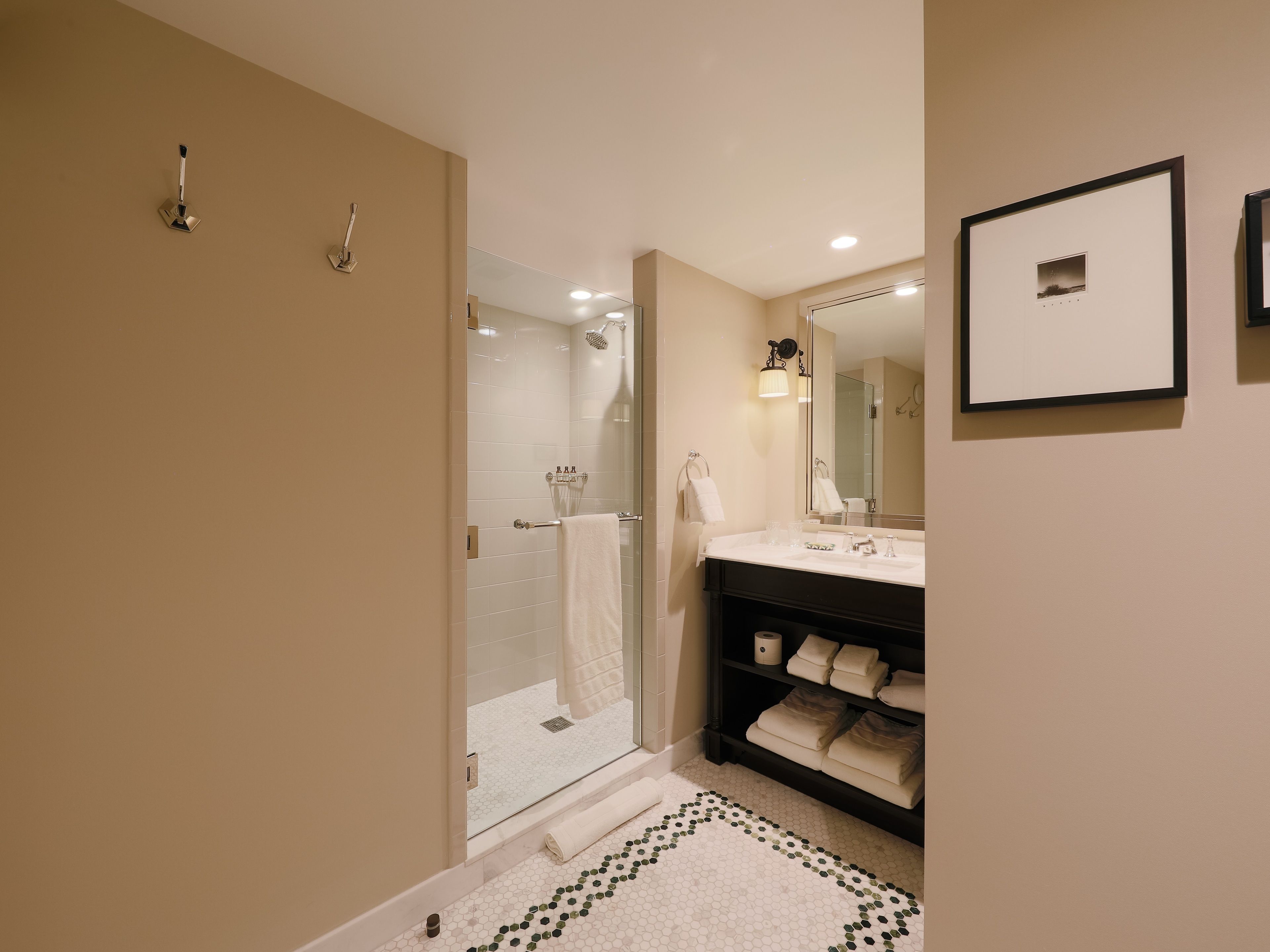 shower, designer toiletries, hair dryer, bathrobes