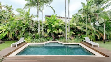 Outdoor pool, pool umbrellas, pool loungers