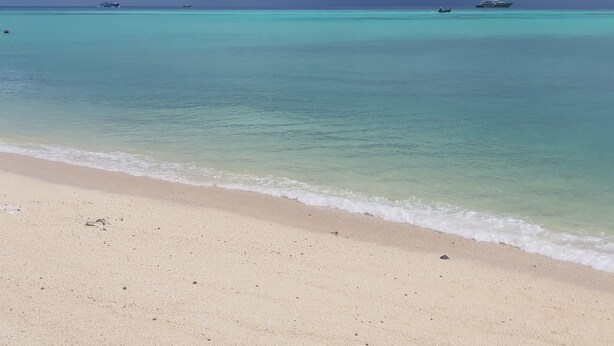 Ein Strand mit klarem türkisblauem Wasser und einem sandigen Ufer.