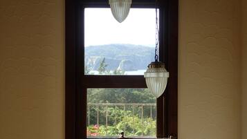 A window with a view of a mountainous landscape and a hanging light fixture.