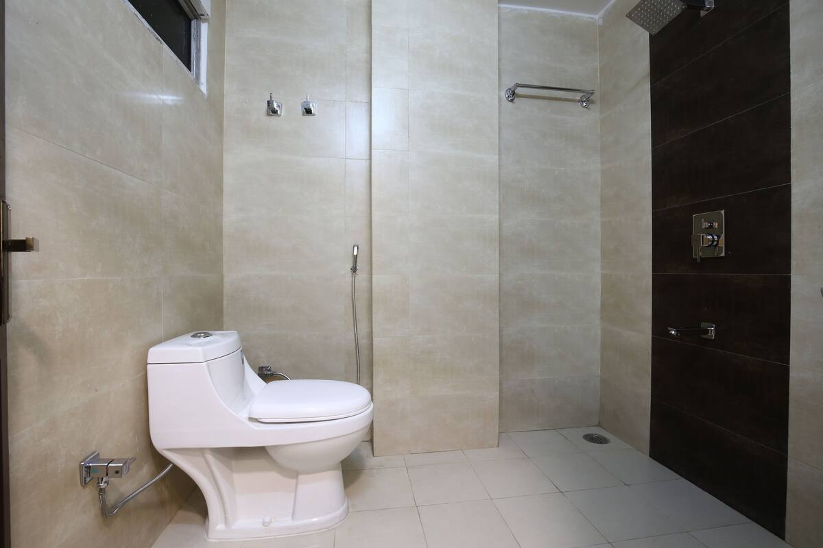 Shower, hydromassage showerhead, free toiletries, hair dryer