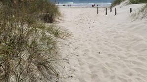 A sandy beach with dunes and sparse vegetation. - Popular   ~ Quaint. Bogue Shores Condo --  just steps to a beautiful beach (Atlantic Beach)