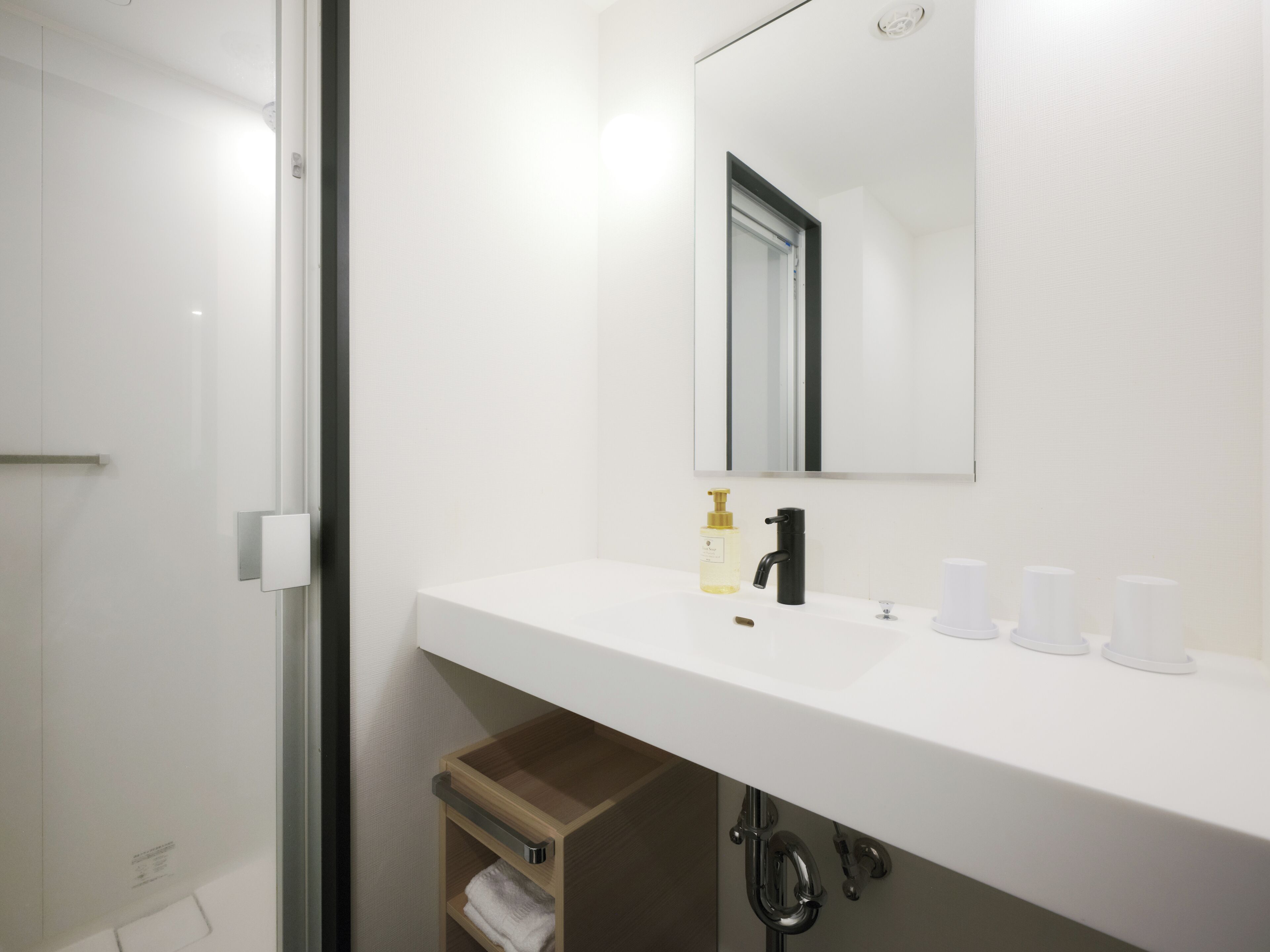 A modern bathroom with a white sink, a mirror, a handheld showerhead, and a towel rack.