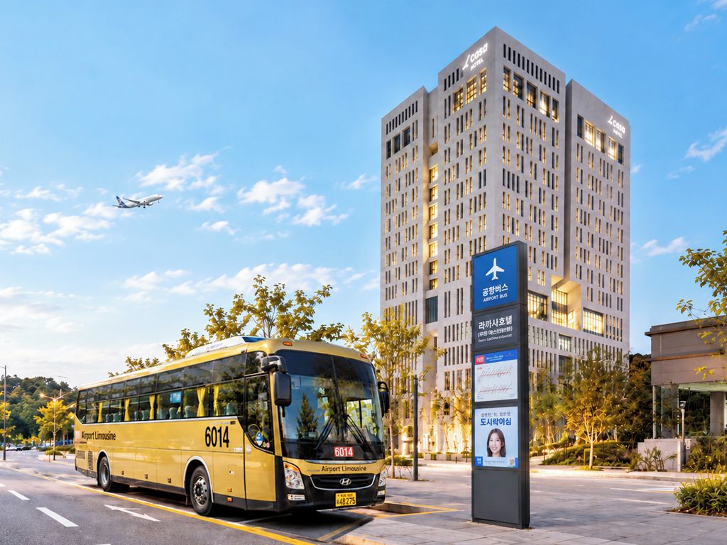 Un edificio moderno con un cartello ben visibile che indica una fermata dell'autobus aeroportuale.