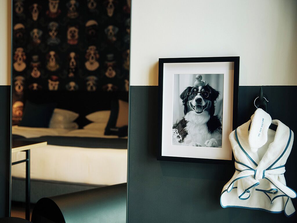 Una habitación de hotel con una cama, un cuadro con una imagen de un perro y una bata colgada en la pared.