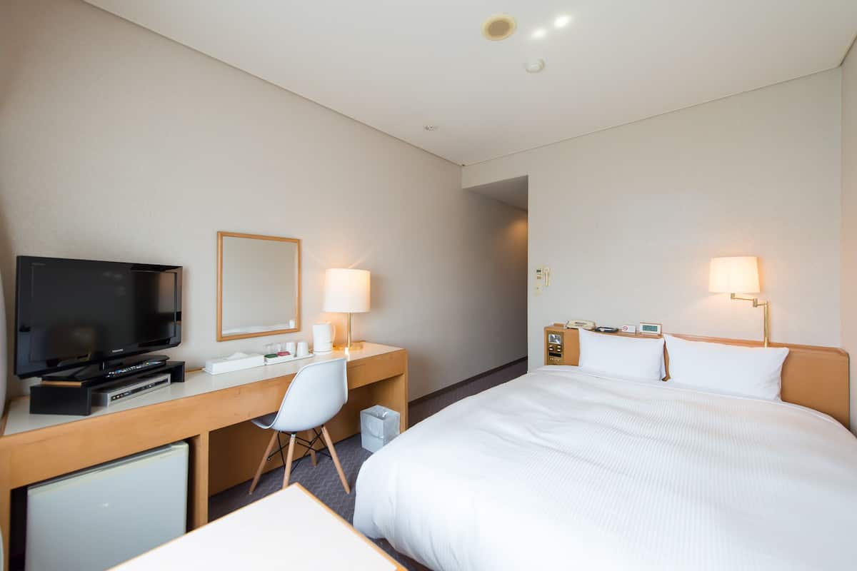Habitación de hotel con cama, escritorio con televisor, una silla y dos lámparas de noche.