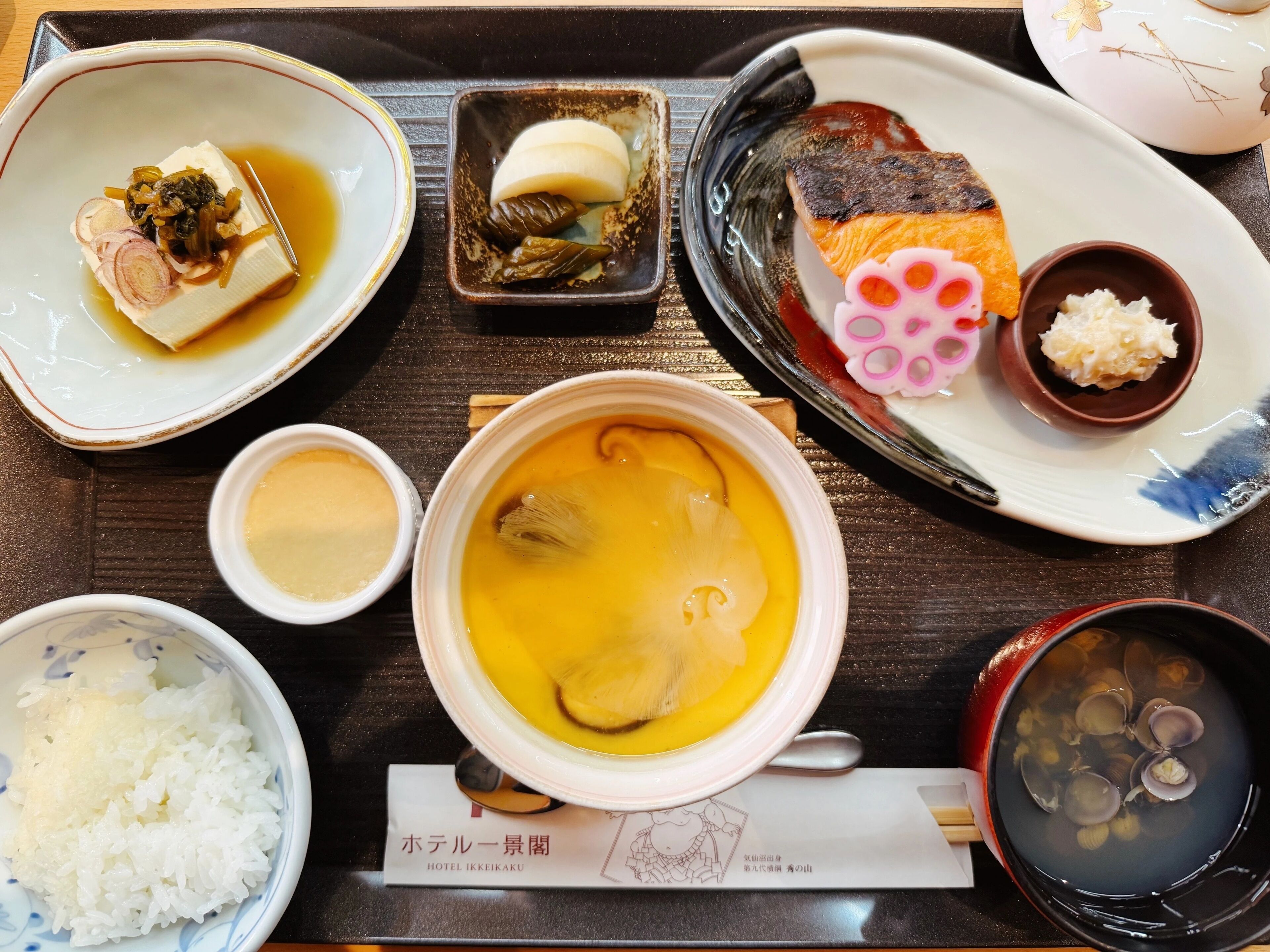 Verschiedene japanische Gerichte, darunter Tofu, Lachs und Reis, auf einer Platte angerichtet.