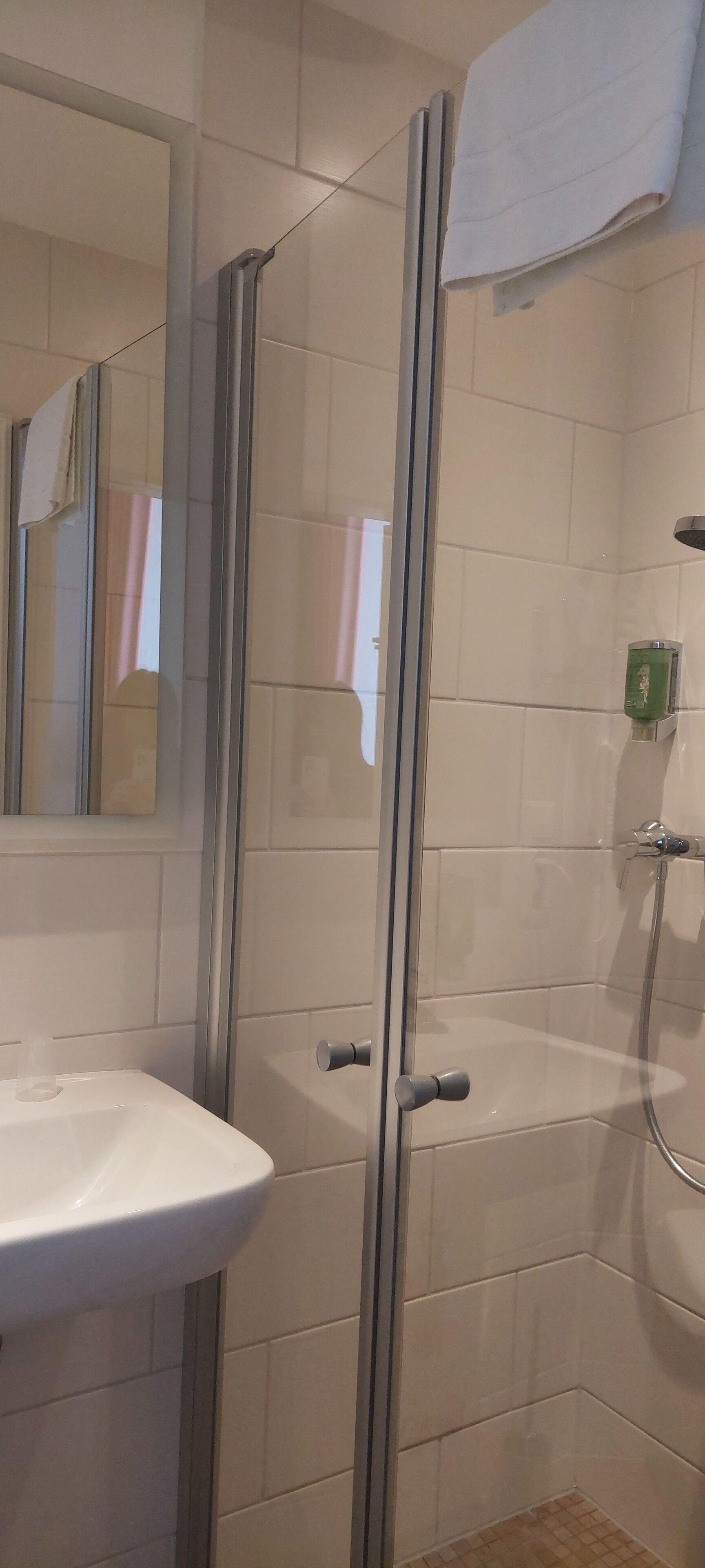 Een badkamer met een douchecabine van glas, een wit wastafeltje en een spiegel.