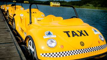 A row of yellow taxi boats with "TAXI" and "HOTEL RUDNIK" labels, docked at a pier.