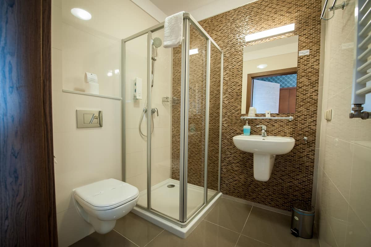 business twin room | bathroom | shower, free toiletries, hair dryer, towels