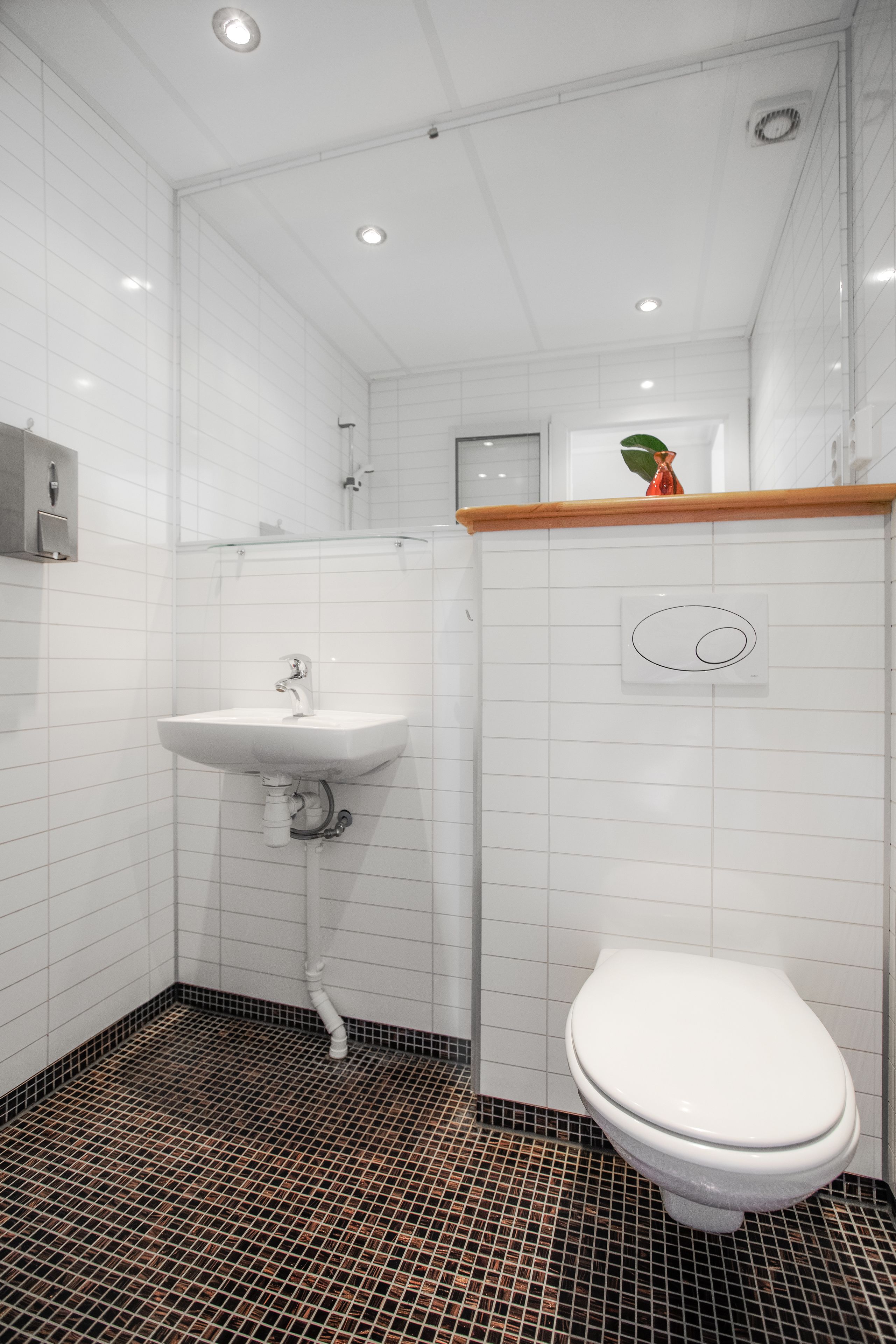 A bathroom with a white sink, a toilet, and a shower.