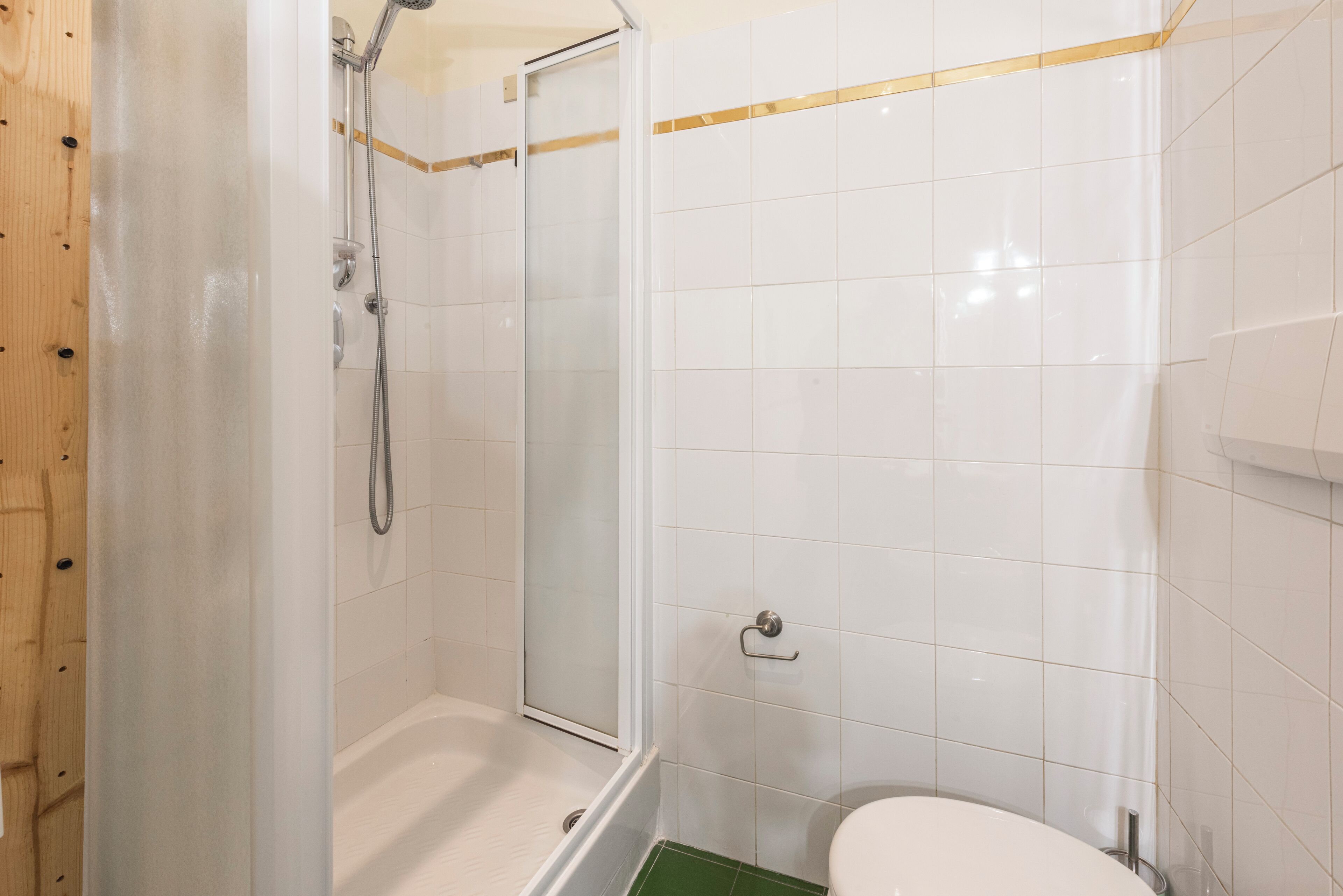 A bathroom with a shower, toilet, and bathtub.