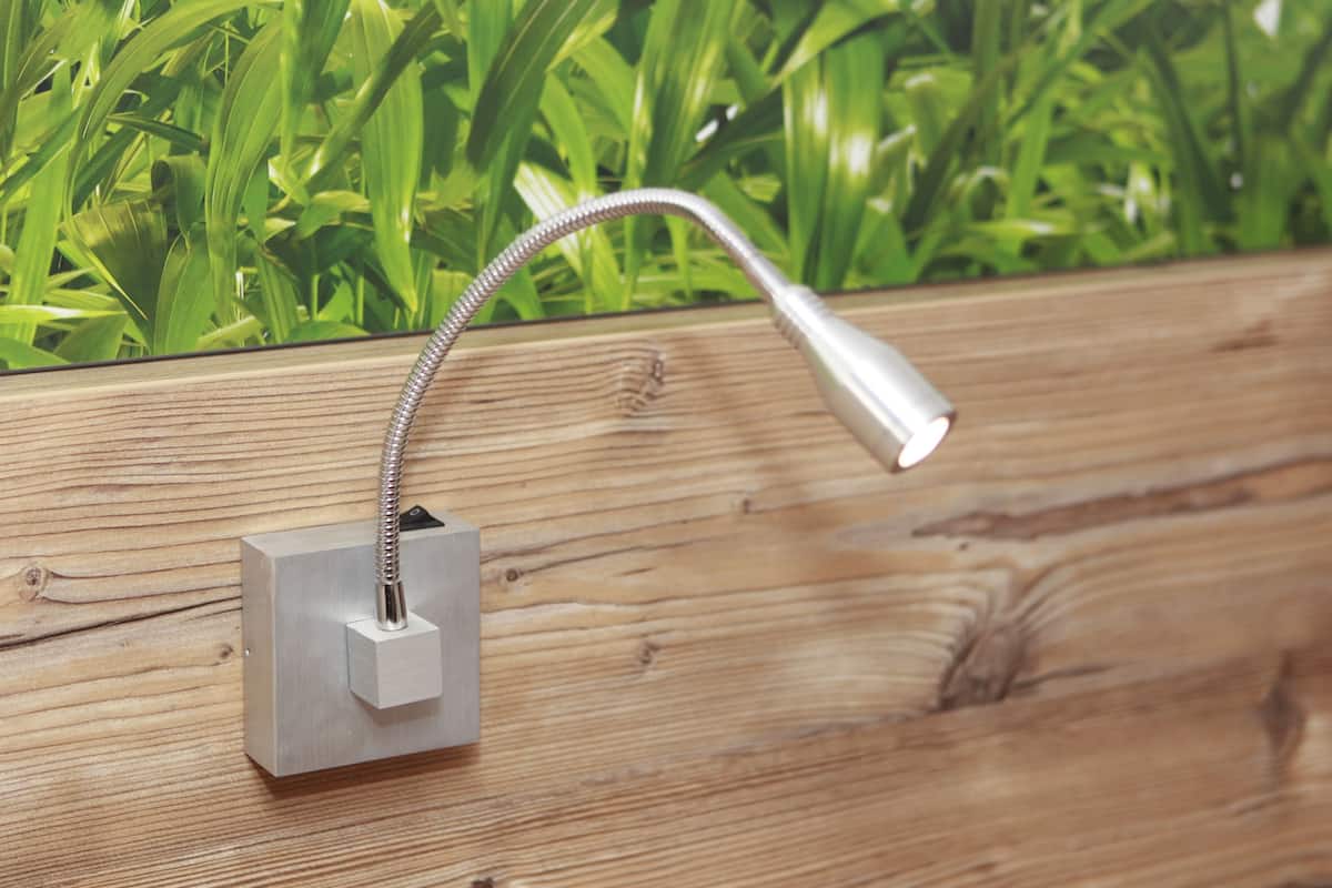 A metallic floor lamp with a flexible neck, mounted on a wooden surface with a green leafy background.