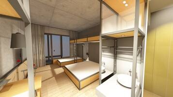 Ein modernes Hotelzimmer mit Stockbett, kleinem Schreibtisch, Nachttisch und einem Badezimmer mit Waschbecken und Spiegel.