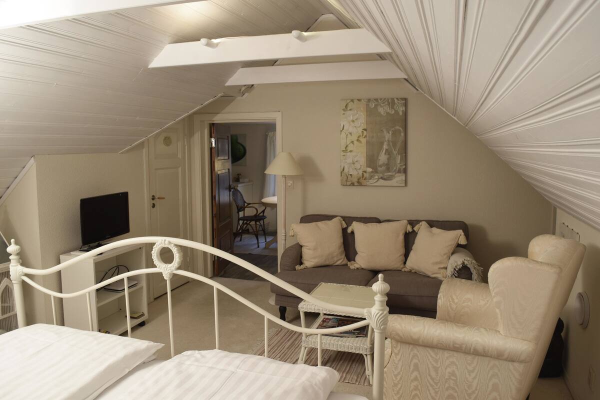 A bedroom with a white bed, a white chair, a brown sofa, and a television on a white stand.