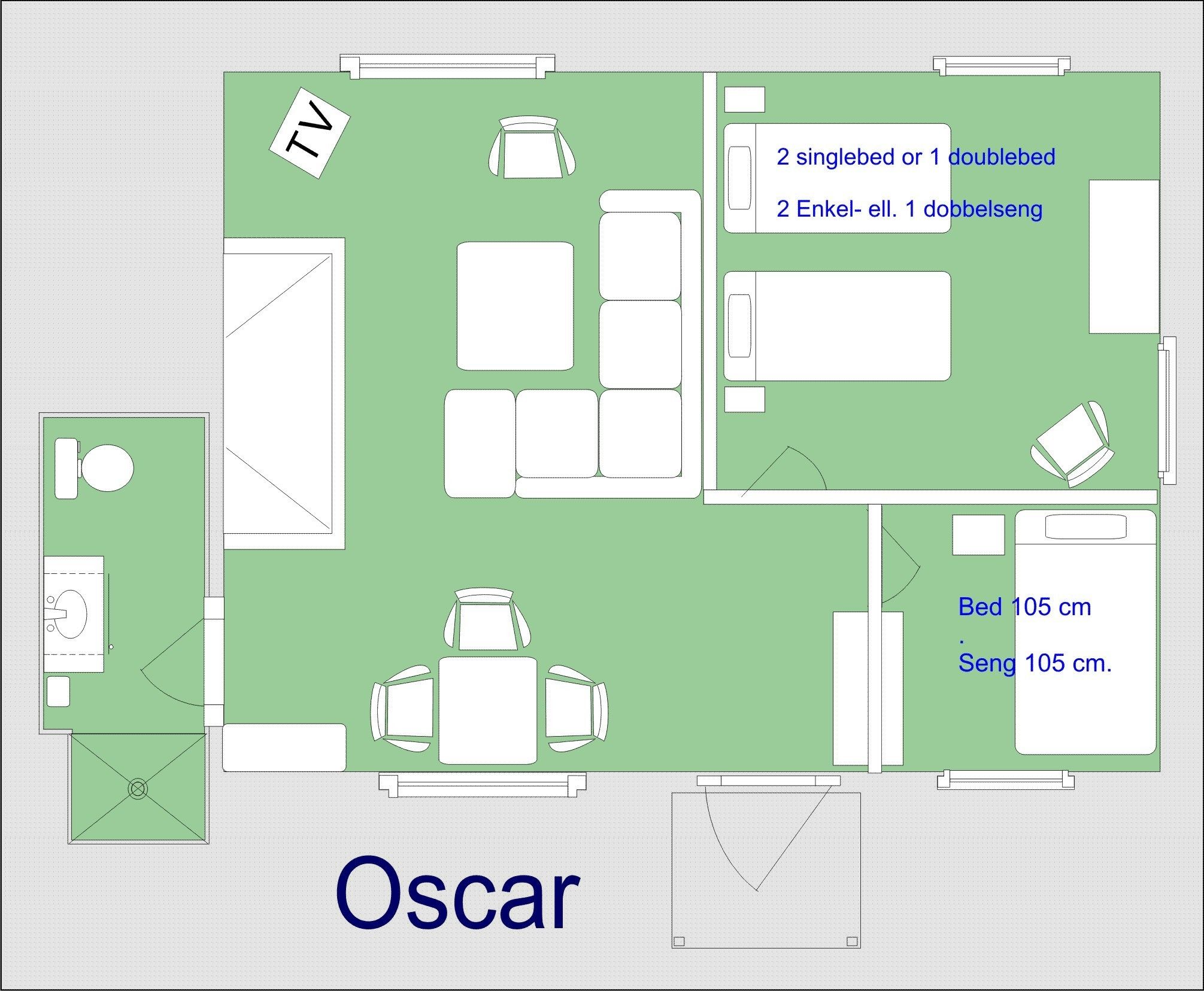 Grundriss eines Hotels namens Oscar mit Fernseher, Bad, Essbereich und Schlafzimmer.