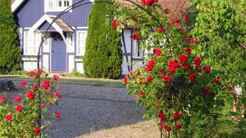 A house with a blue facade, a gravel driveway, and red roses in the foreground.