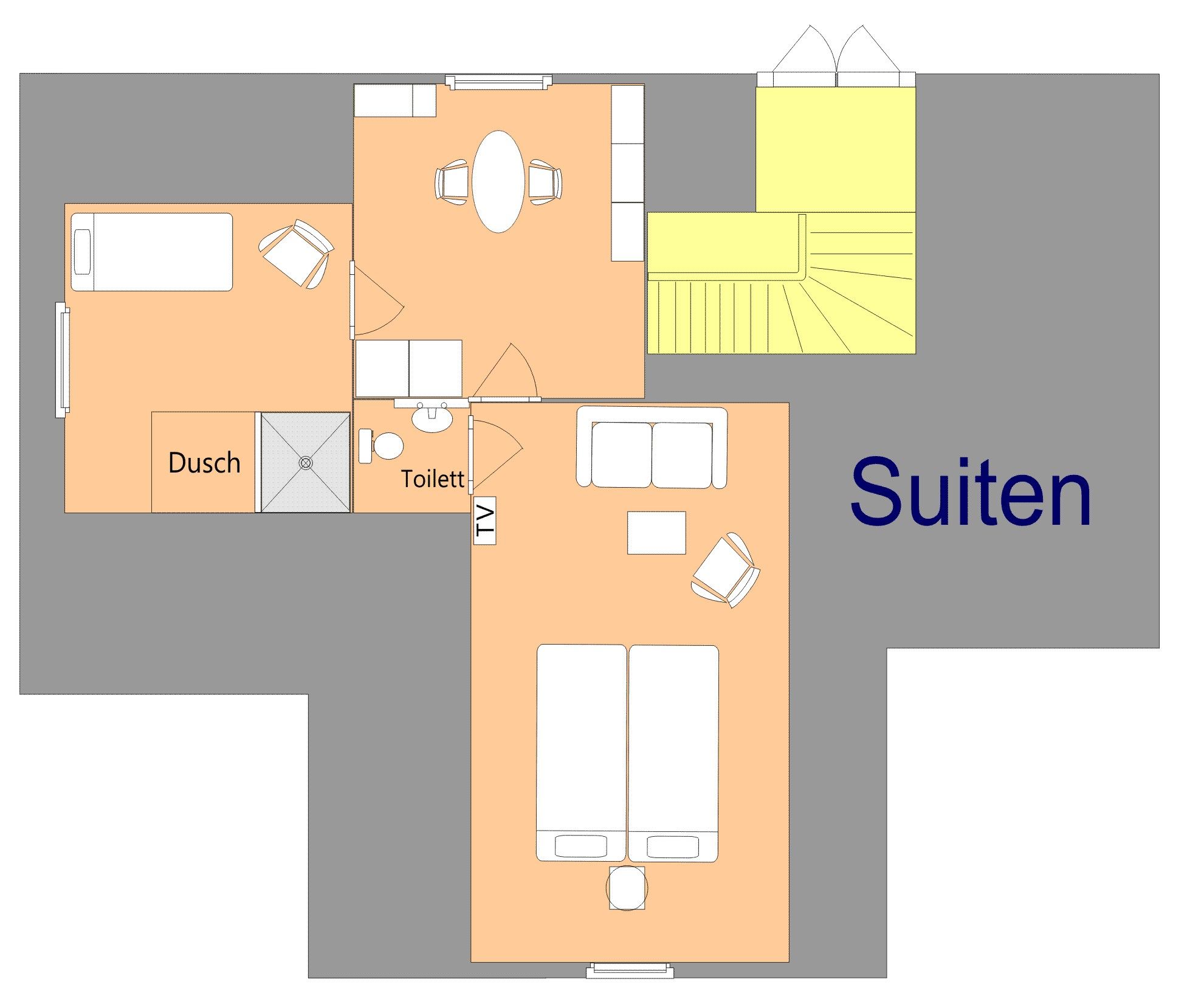 A hotel suite layout with a living area, ensuite bathroom, and a separate bedroom.