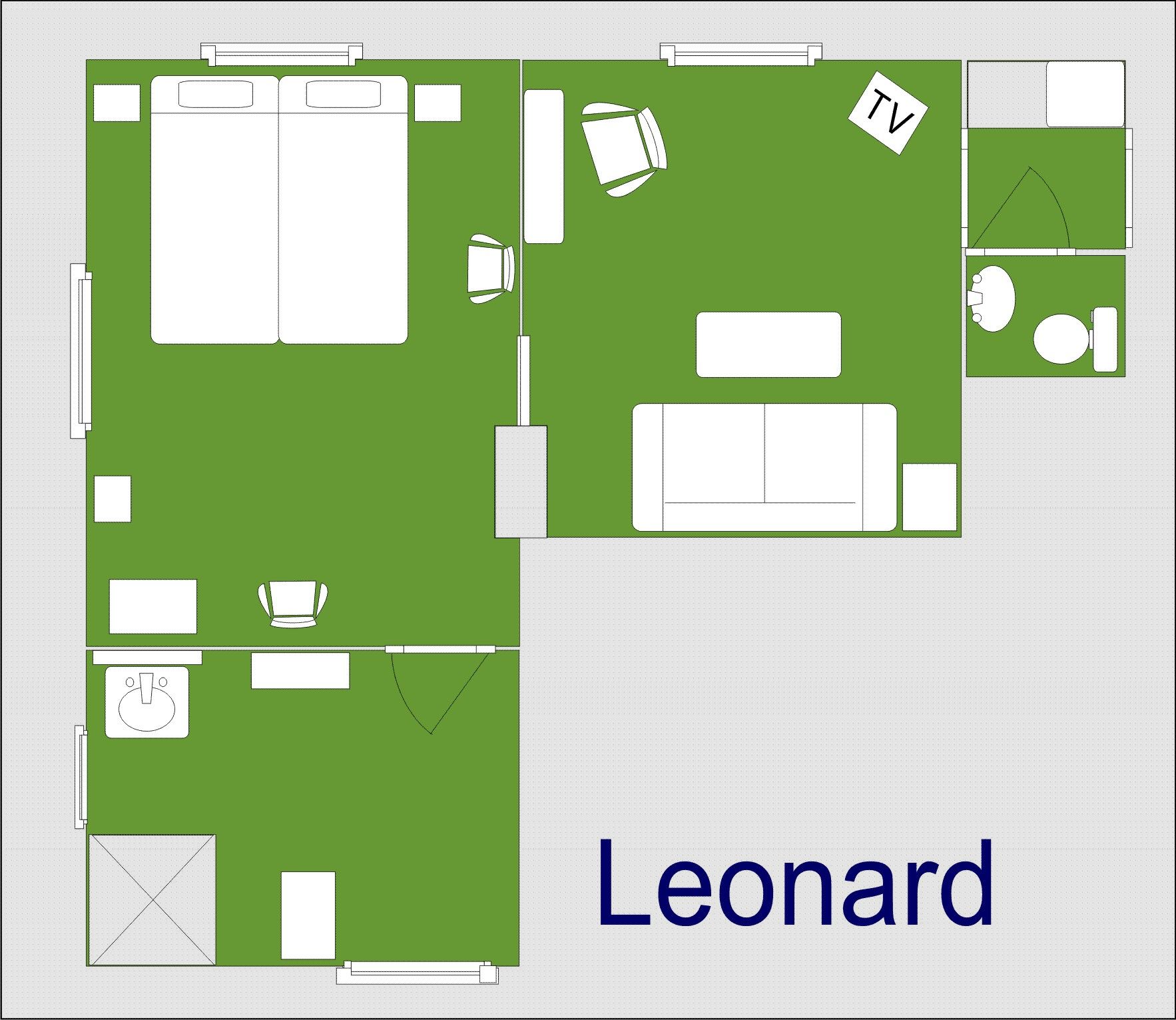 A floor plan of a hotel named 'Leonard' with a large central area, a TV, and a bathroom.