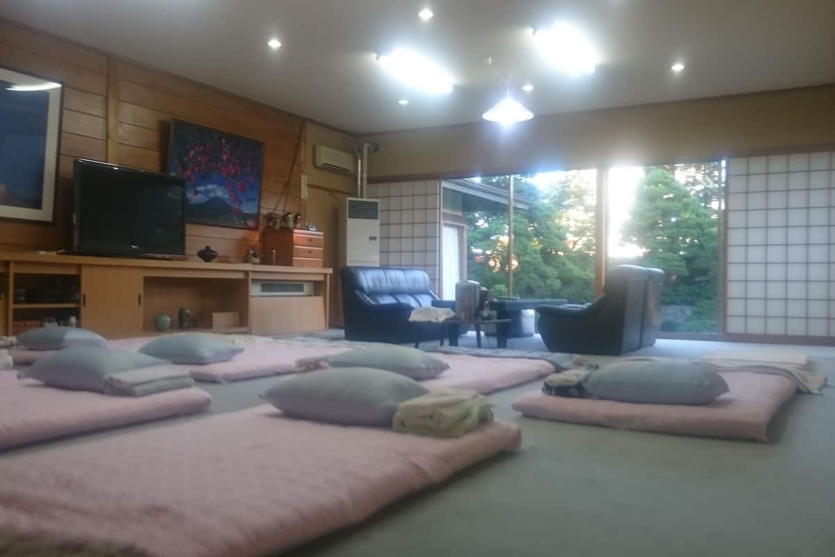 A room with a massage table, a television, and a large window with a view of trees.