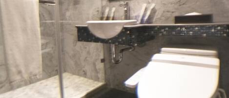 A bathroom with a glass shower enclosure, a white sink, and a toilet.