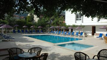 Seasonal outdoor pool, pool umbrellas, pool loungers