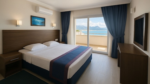 A hotel room with a bed, a nightstand, a TV, and a view of the sea. - Doruk Hotel and Suites (Marmaris)
