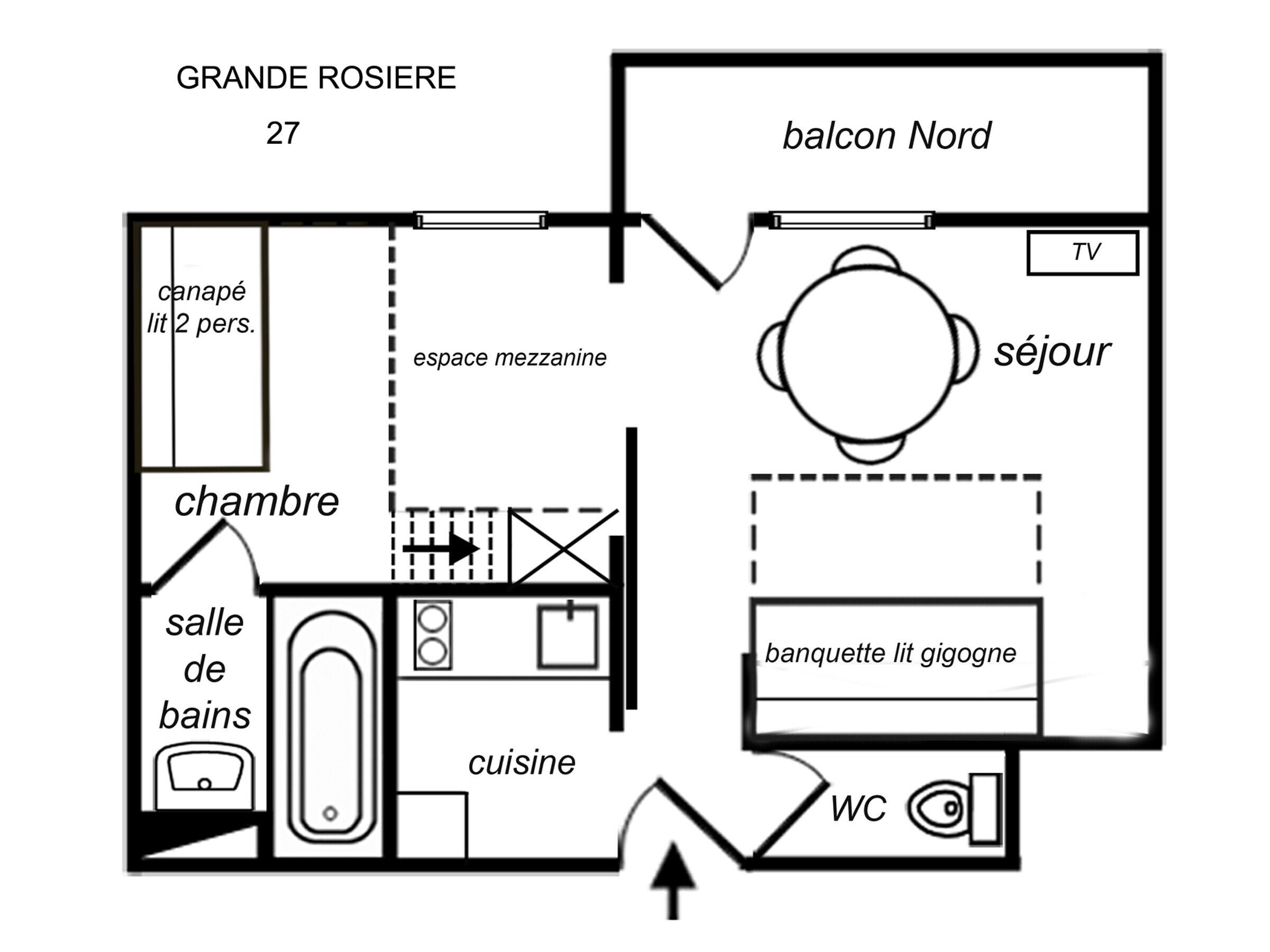 Plano de un cuarto de hotel identificado como 'GRANDE ROSIERE 27', con balcón, baño privado, cocina, zona de comedor y WC.