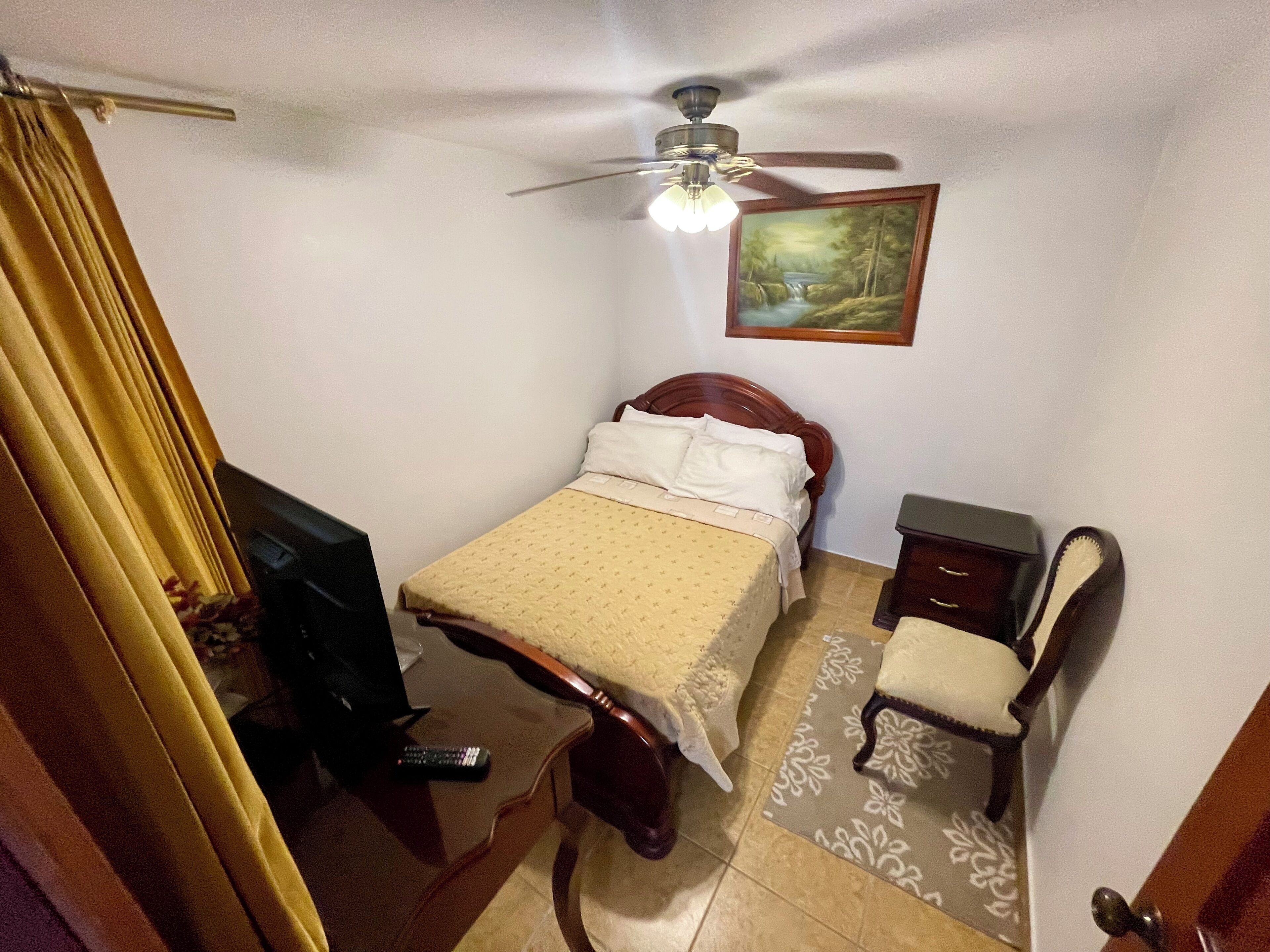 Un dormitorio con cama, mesita de noche, silla, escritorio, ventilador de techo y un cuadro en la pared.