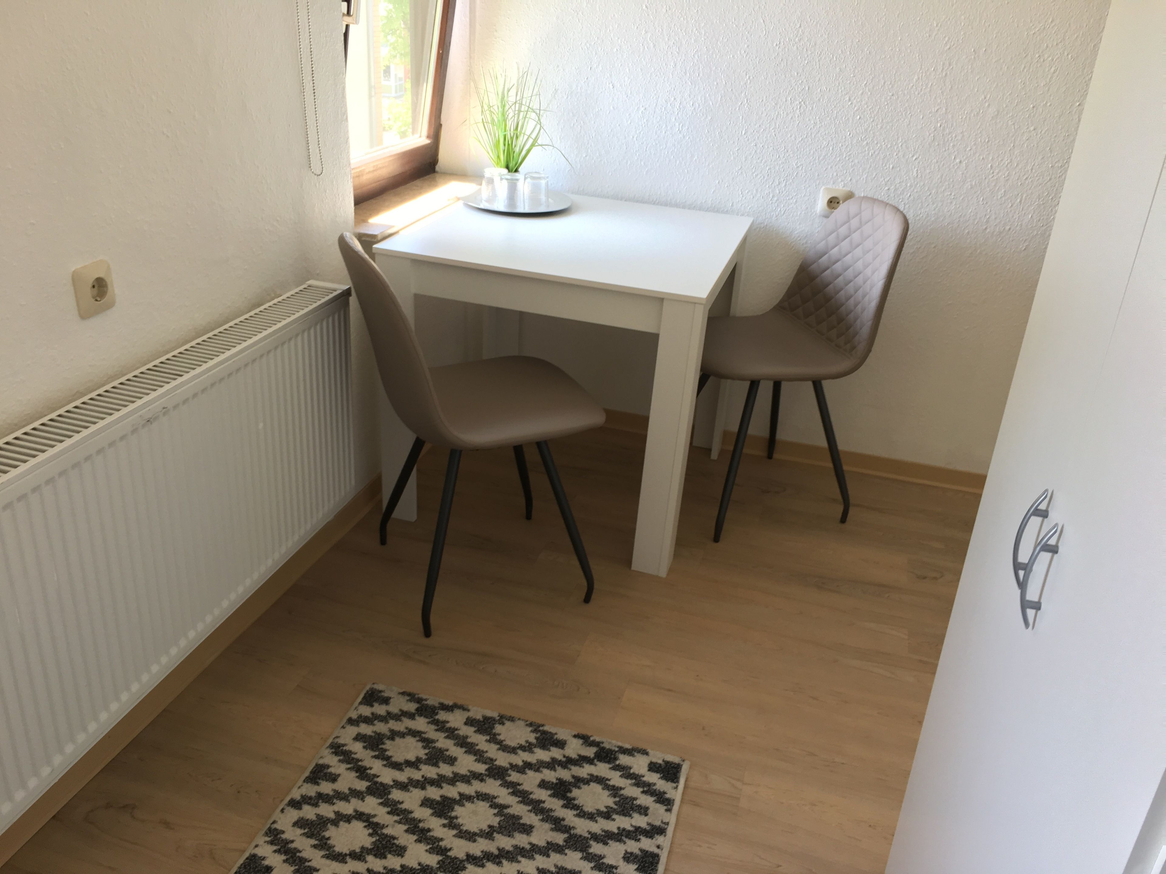 Una habitación pequeña y luminosa con una mesa blanca y dos sillas, un radiador, una ventana con una planta y una alfombra estampada.