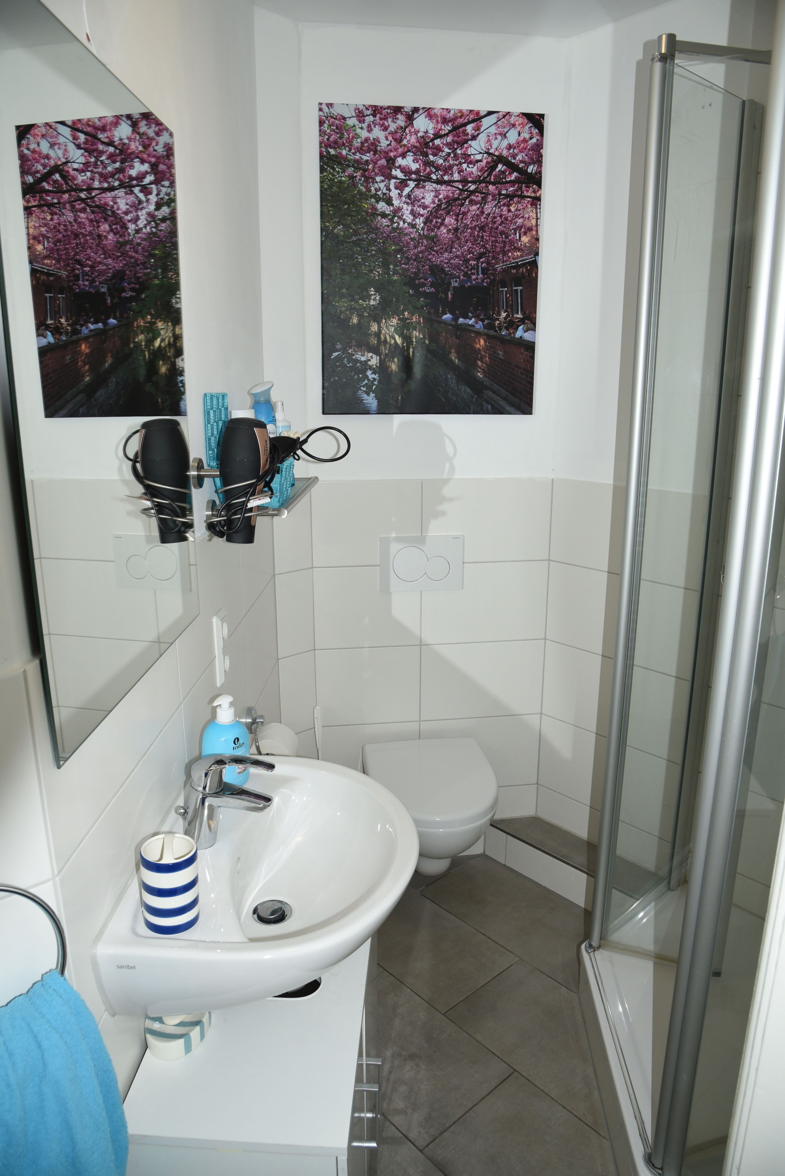 A bathroom with a white sink, a toilet, and a glass shower enclosure. There are two framed pictures on the wall above the sink.