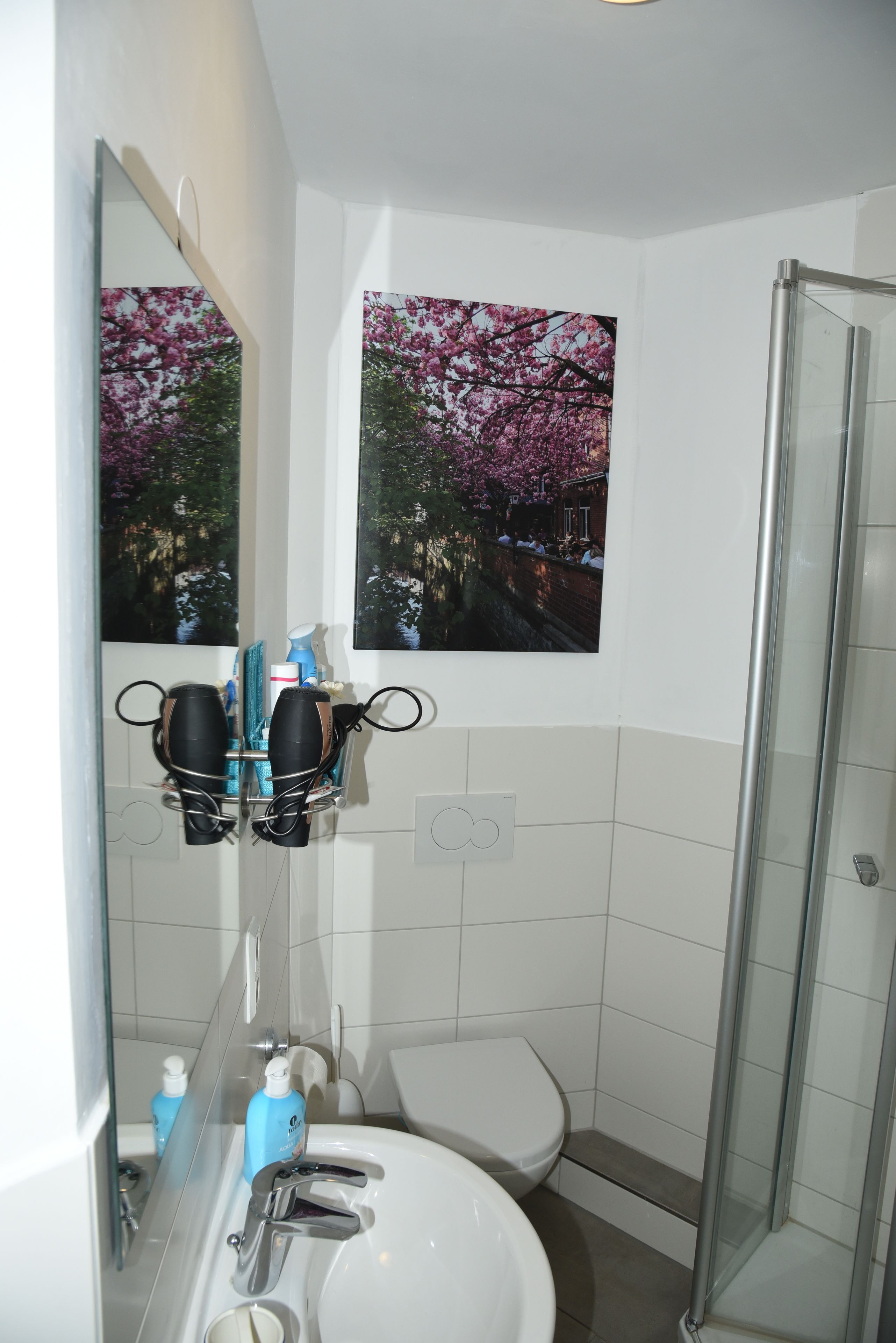 Ein Badezimmer mit einem weißen Waschbecken, einem Spiegel und einer Duschkabine aus Glas.