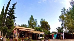 A rustic building with a tiled roof, surrounded by potted plants and a paved walkway. - Camping Valle Dei Templi (Agrigento)